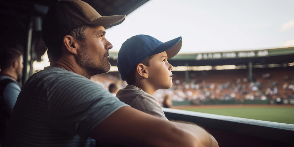 A father and son in baseball caps watching a game together from the stands at golden hour