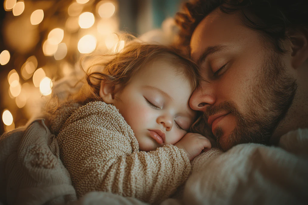 A father resting cheek-to-cheek with his sleeping child, warm light in the background
