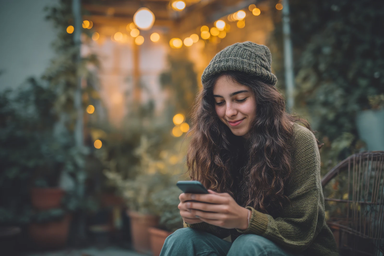 A young woman in a knit beanie sits outside in the evening, softly smiling at her phone, warm string lights glowing in the background